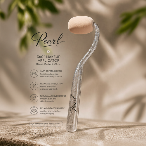 Pearl 360° makeup applicator with text detailing its features on a natural background.